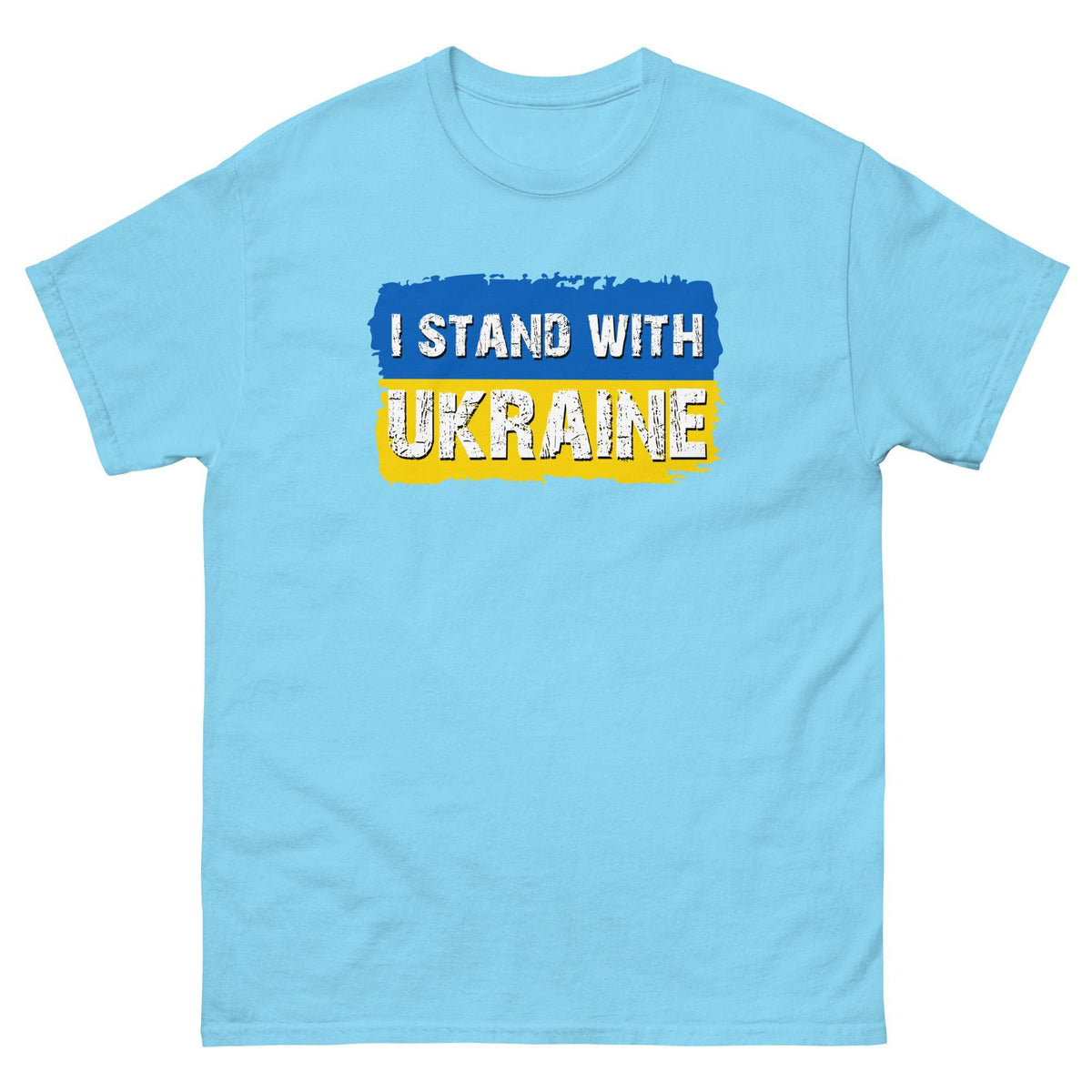 Sky blue T-shirt with "I STAND WITH UKRAINE" text graphic