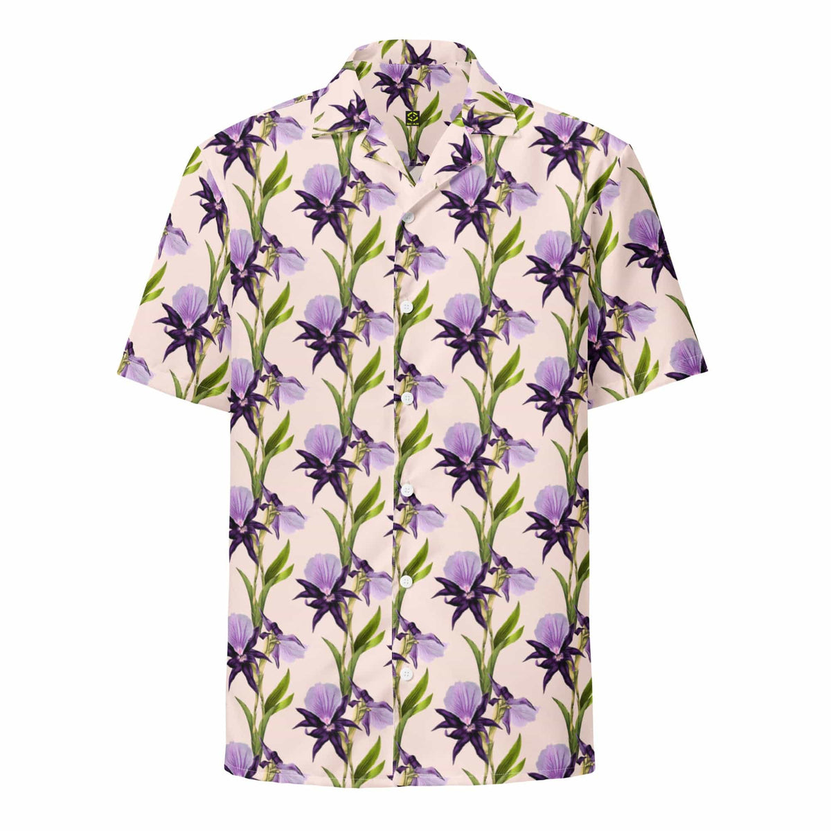 Iris unisex button shirt with purple flower and green leaf print, short sleeves, collared front