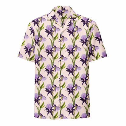 Iris unisex button shirt with purple flower and green leaf print, short sleeves, collared front