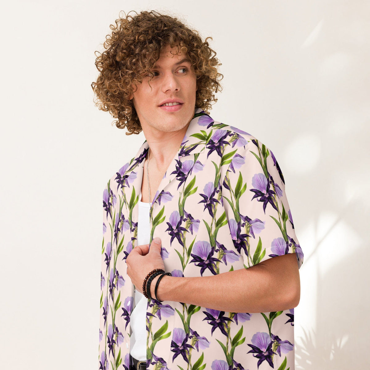Iris unisex button shirt with all-over purple flower print and green stems, short-sleeve collar