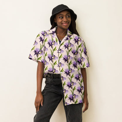 Iris unisex button shirt with light base and purple tulip-style floral print, short sleeves, buttons