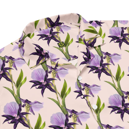 Iris unisex button shirt fabric close-up: purple flowers with green leaves on light background