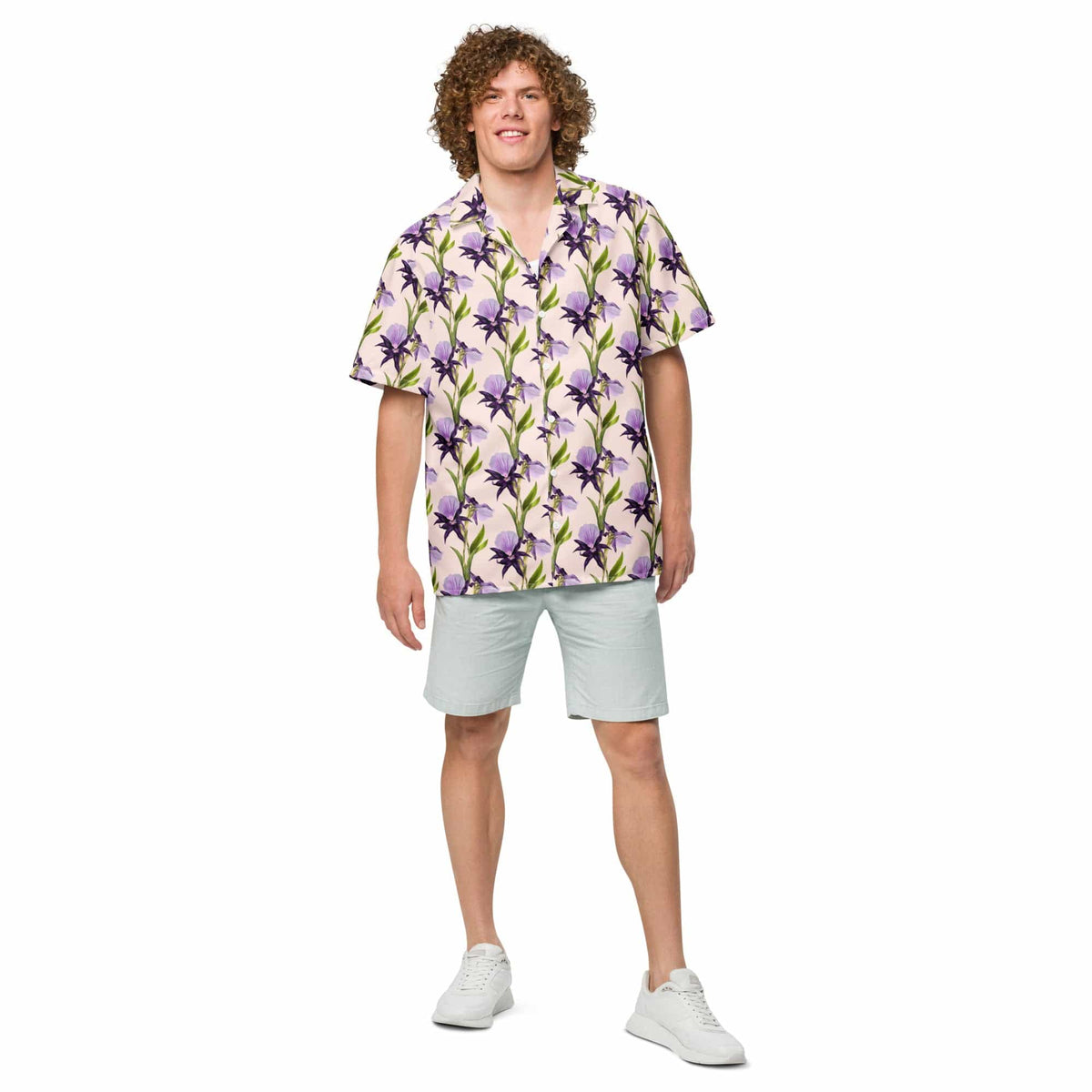 Iris unisex button shirt with purple and green floral pattern, short sleeves, open collared neckline