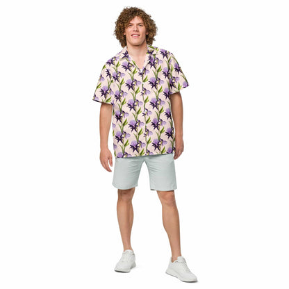 Iris unisex button shirt with purple and green floral pattern, short sleeves, open collared neckline