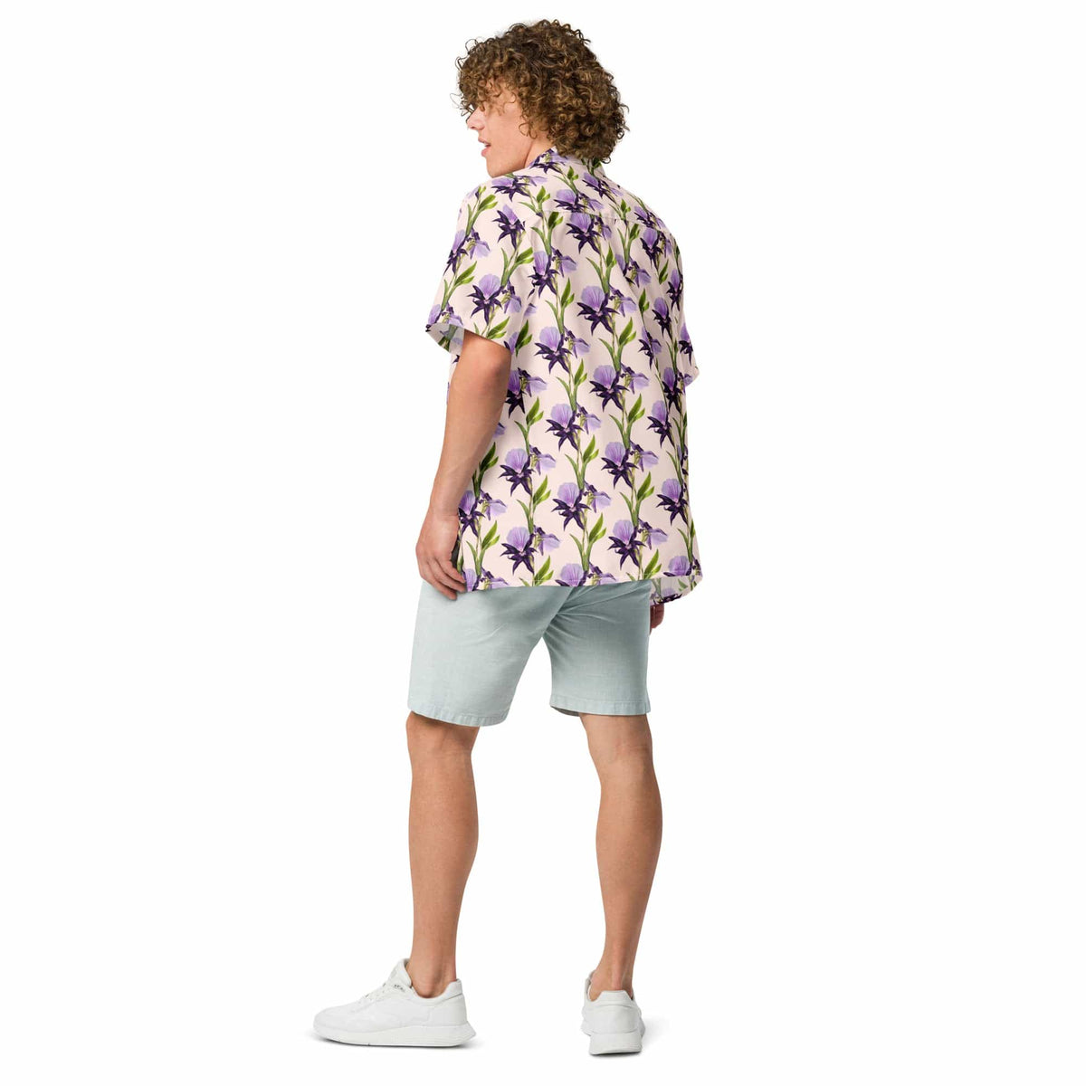 Iris unisex button shirt from back: purple and green floral print, short sleeves, button-up style