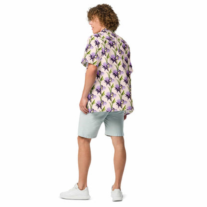 Iris unisex button shirt from back: purple and green floral print, short sleeves, button-up style