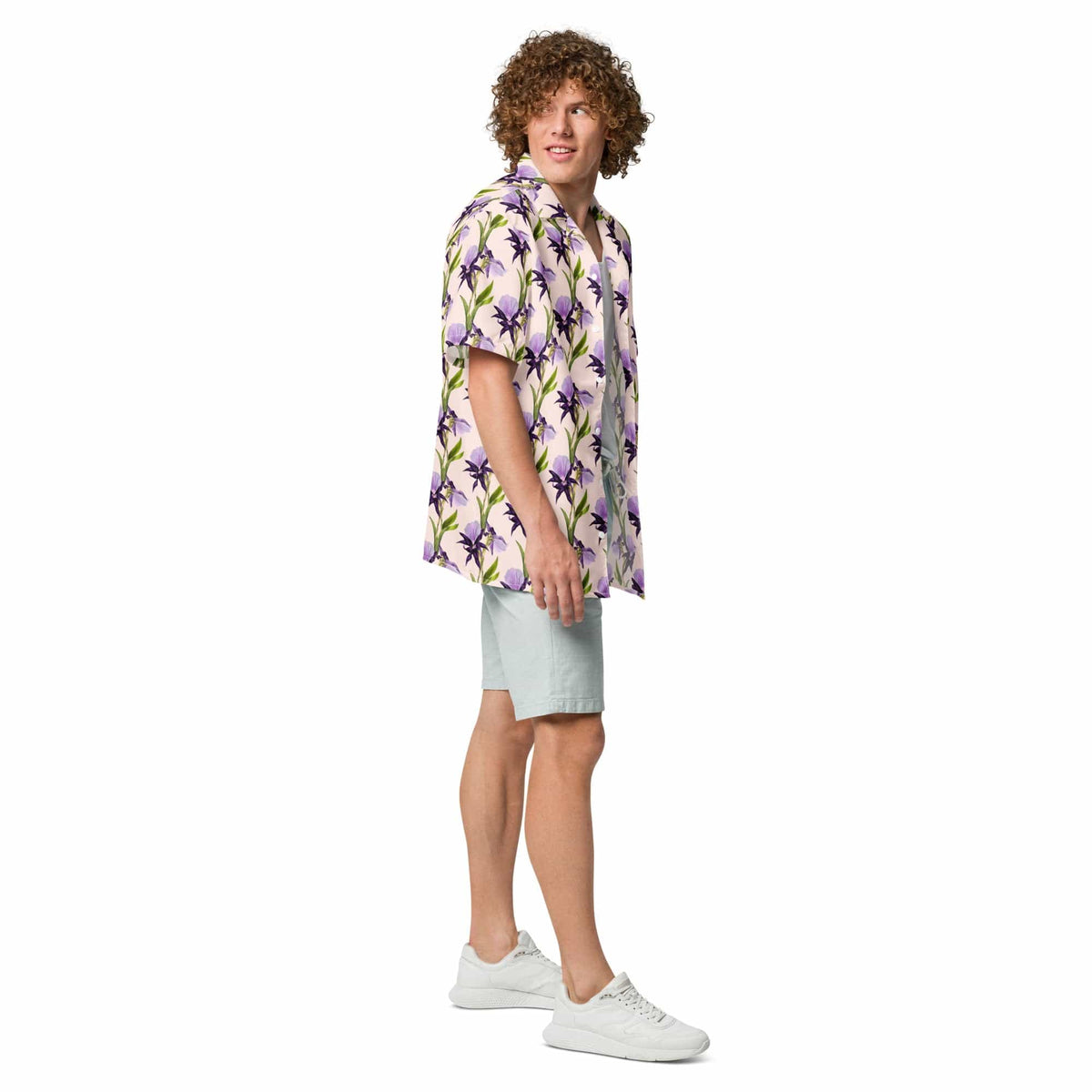 Iris unisex button shirt with purple floral print and green leaves, short sleeves and button placket