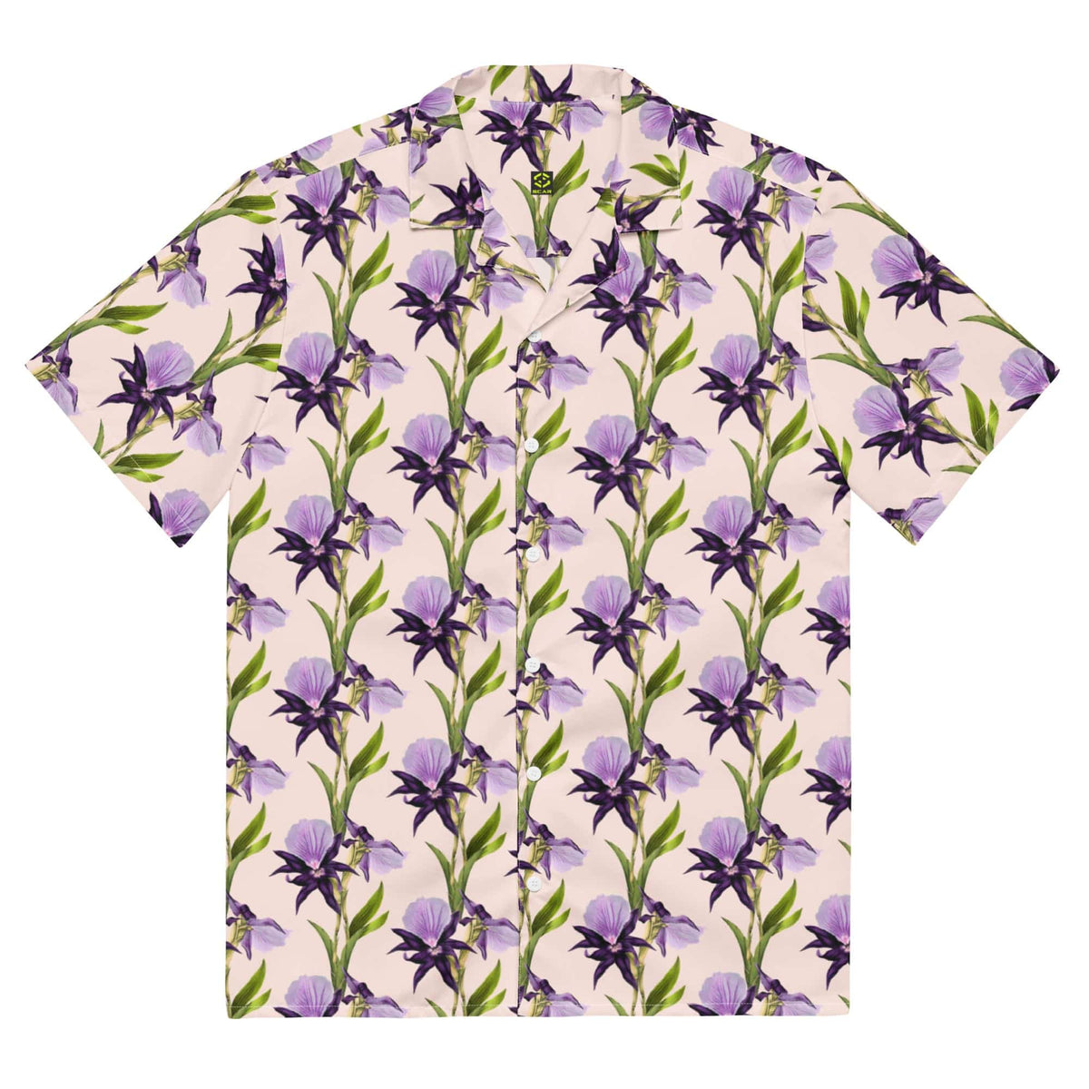 Unisex button shirt with purple and green floral pattern on light background