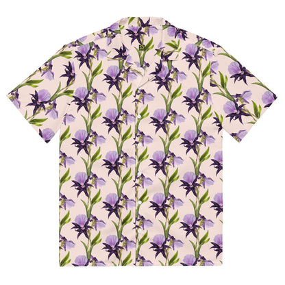 Unisex button shirt with purple and green floral pattern on light background