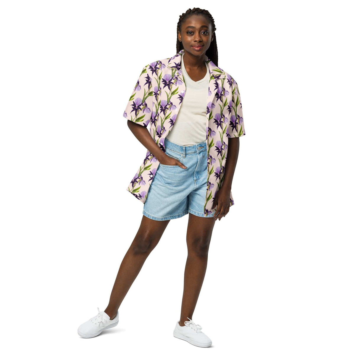 Iris unisex button shirt in purple floral pattern with green stems, short sleeves and button front