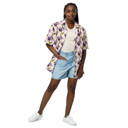 Iris unisex button shirt in purple floral pattern with green stems, short sleeves and button front