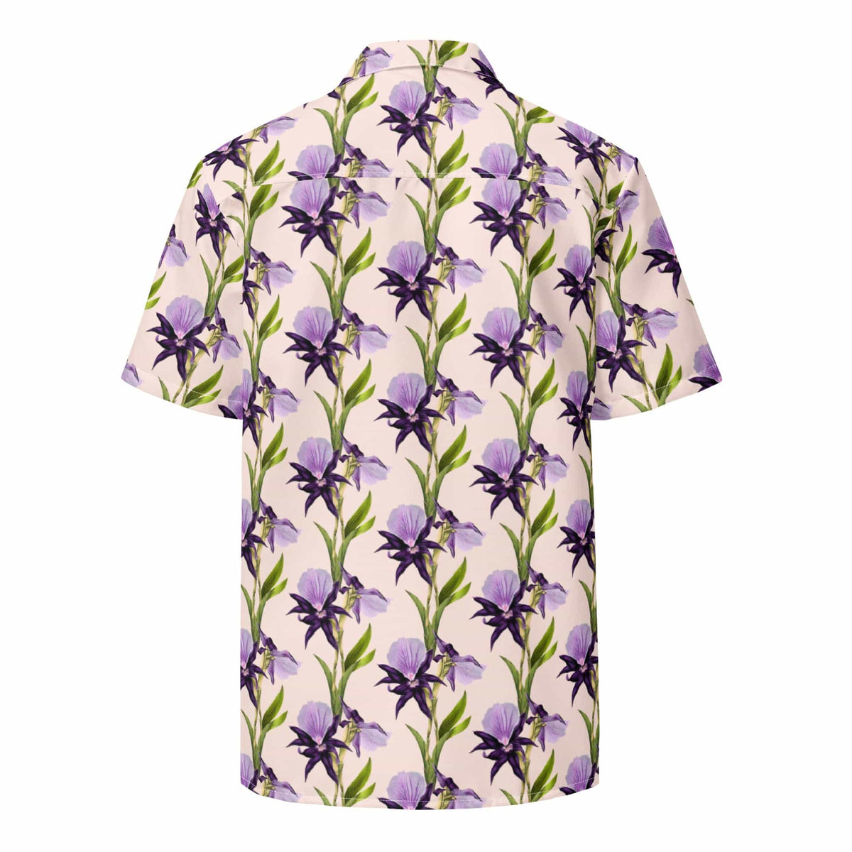 Unisex button shirt, short-sleeve, purple flower and green stem pattern