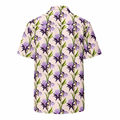 Unisex button shirt, short-sleeve, purple flower and green stem pattern