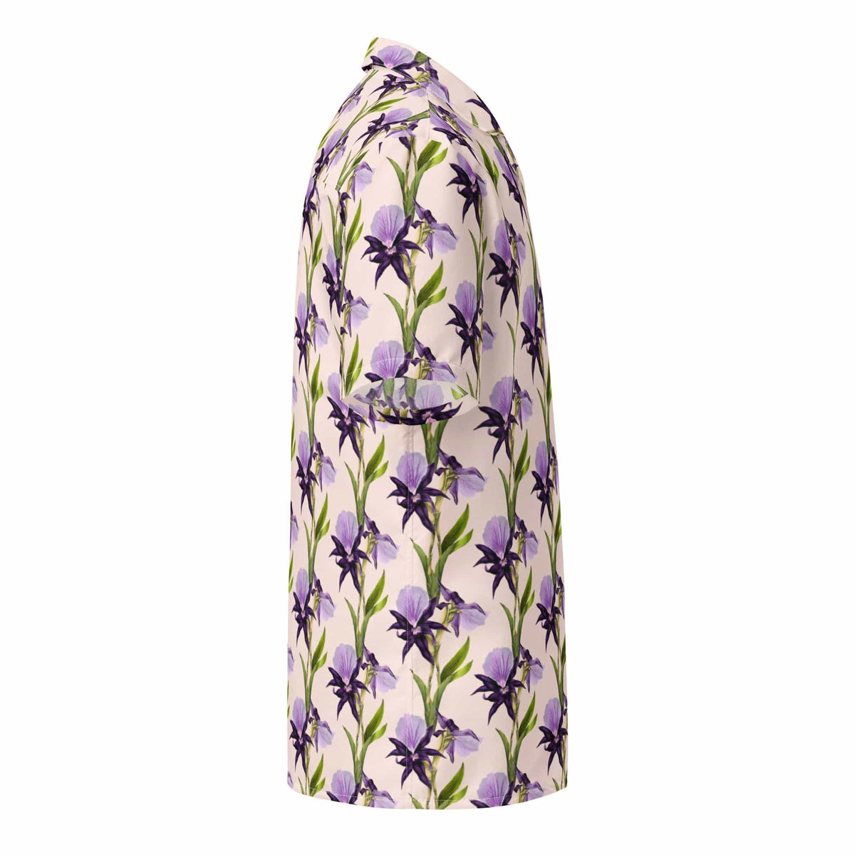 Unisex short-sleeve button shirt with purple floral and green stem pattern