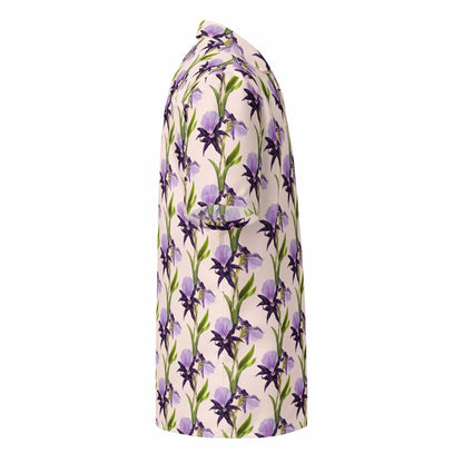 Unisex short-sleeve button shirt with purple floral and green stem pattern