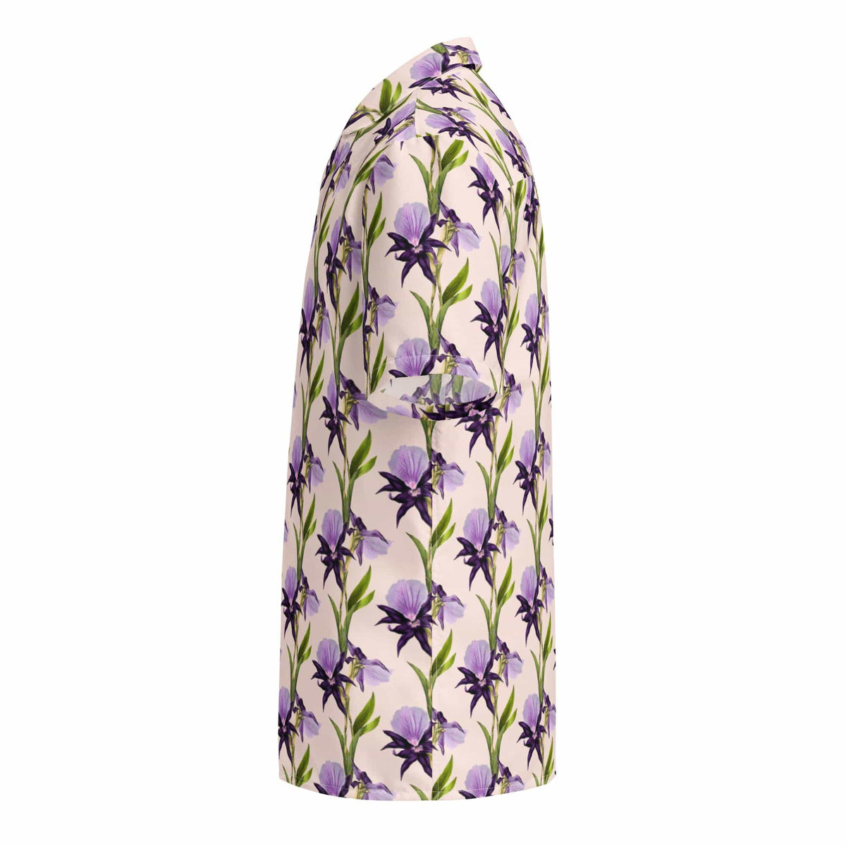 Short-sleeve button shirt with scattered purple flowers and green stems, side view