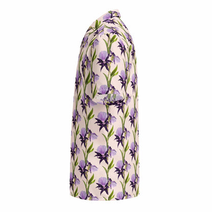 Short-sleeve button shirt with scattered purple flowers and green stems, side view