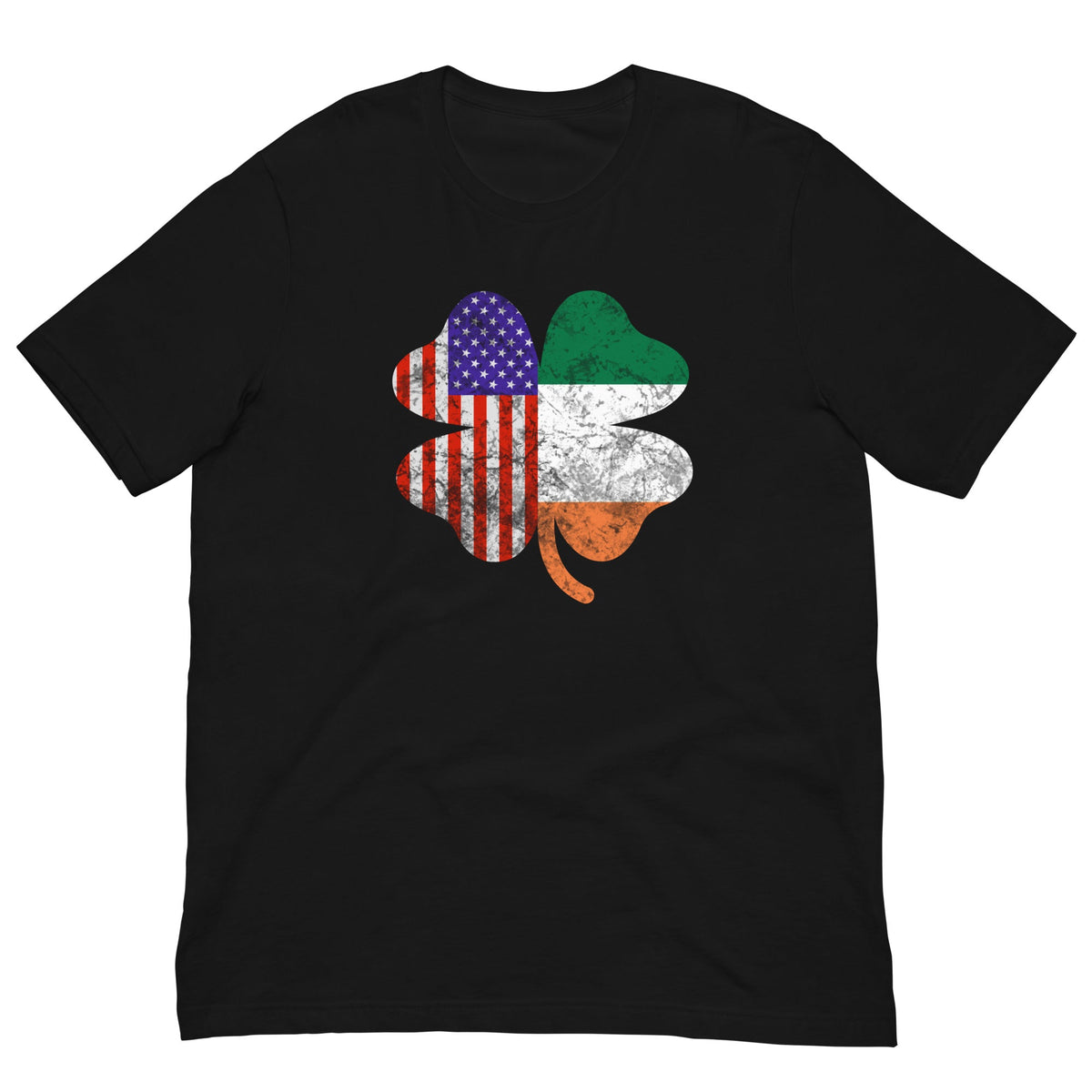 Black T-shirt with multicolor shamrock flag graphic on front