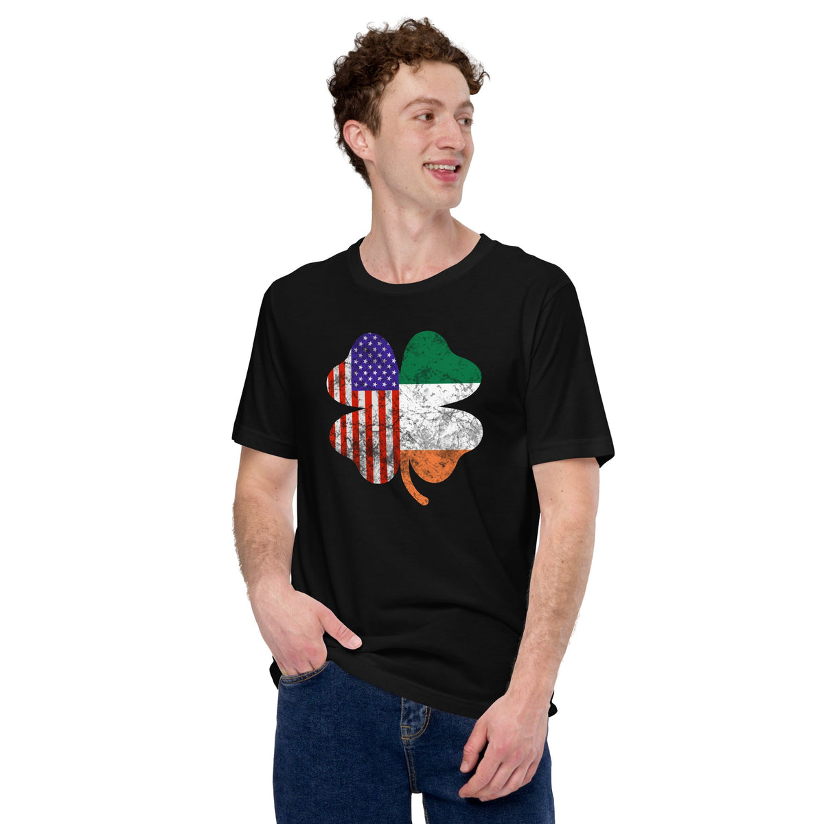 Black graphic T-shirt with shamrock and American flag print