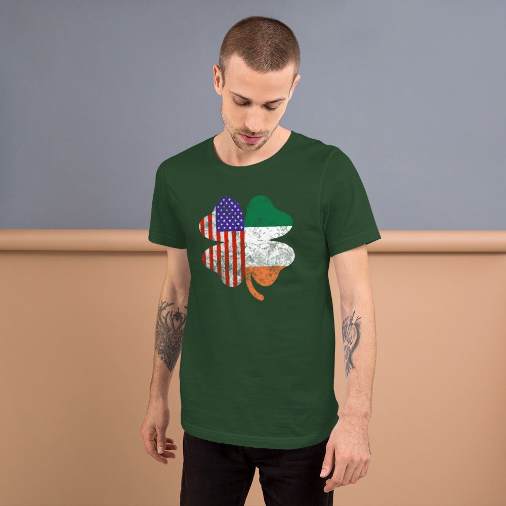 Green graphic T-shirt with shamrock and American flag print