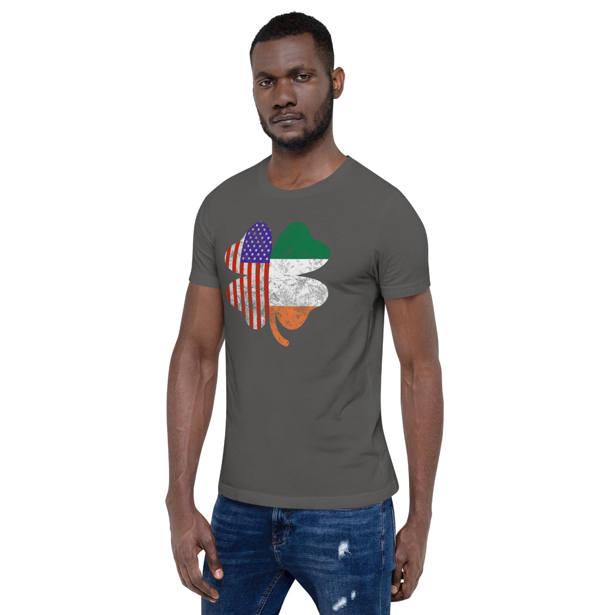 Gray graphic T-shirt with shamrock and American flag print