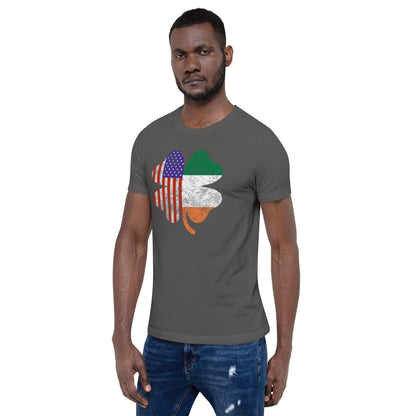 Gray graphic T-shirt with shamrock and American flag print