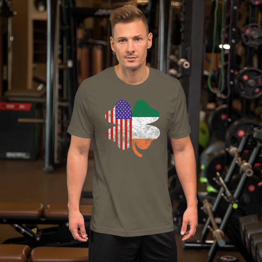 Olive graphic T-shirt with shamrock and American flag print