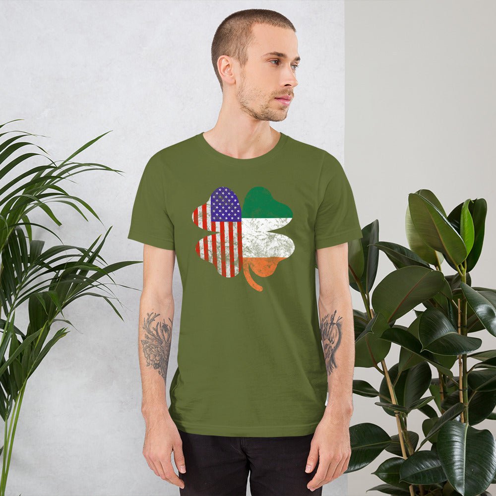 Olive green graphic T-shirt with shamrock and American flag print