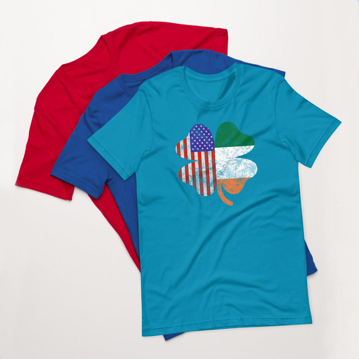 Turquoise graphic T-shirt with shamrock and American flag print