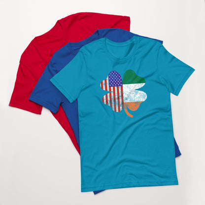 Turquoise graphic T-shirt with shamrock and American flag print