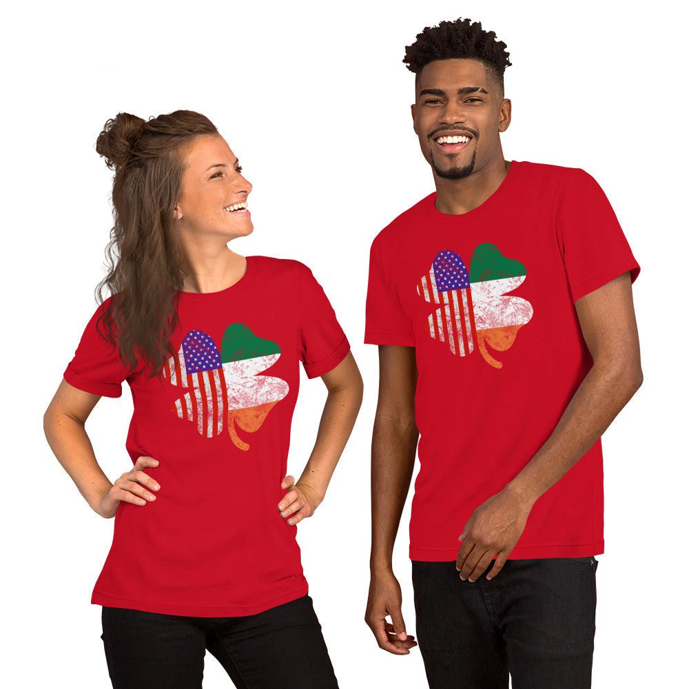 Red graphic T-shirt with shamrock and American flag print