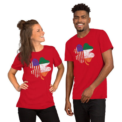 Red graphic T-shirt with shamrock and American flag print