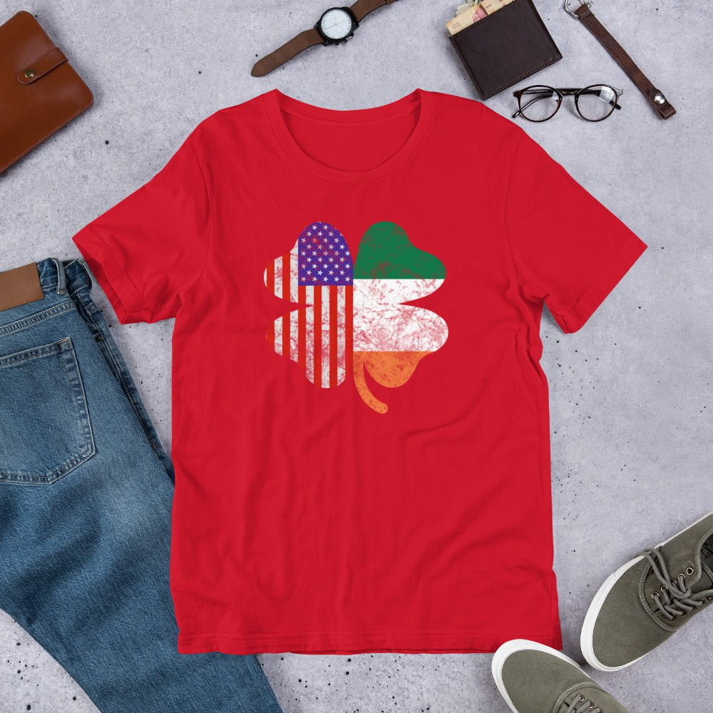 Red graphic T-shirt with shamrock and American flag print, short sleeves