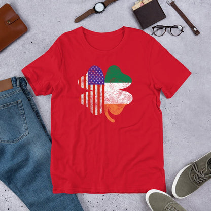 Red graphic T-shirt with shamrock and American flag print, short sleeves