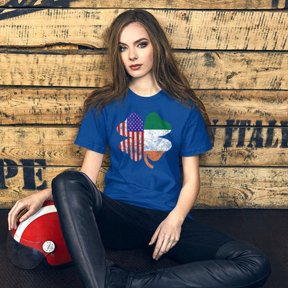 Blue graphic T-shirt with shamrock and American flag print