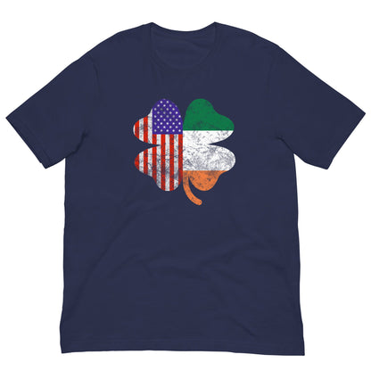 Navy T-shirt with Irish-American clover graphic using US flag colors