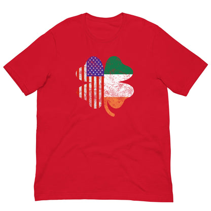 Red T-shirt with Irish-American clover graphic in US flag and green colors