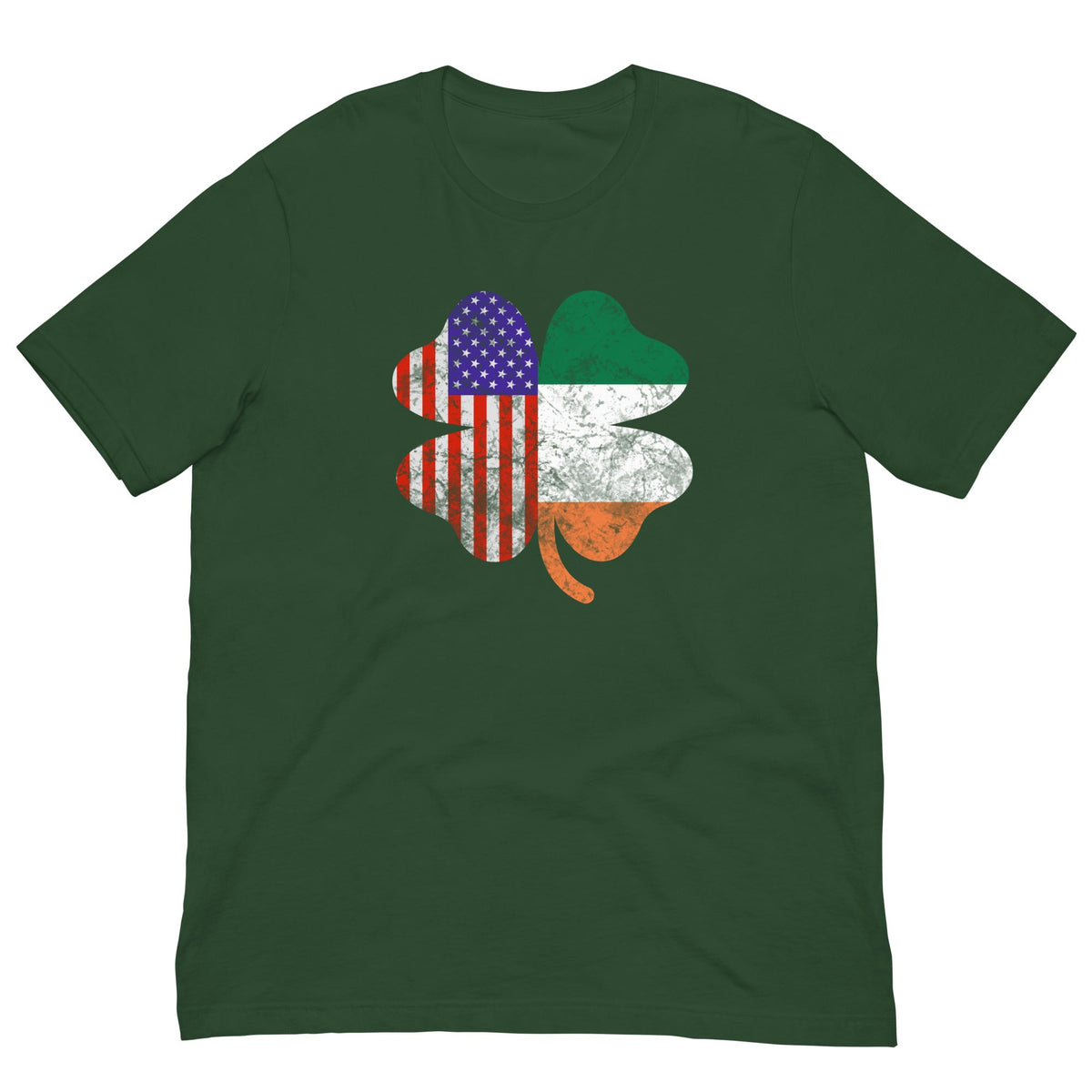 Forest green T-shirt with Irish-American clover graphic in US flag and green