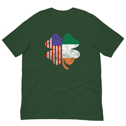 Forest green T-shirt with Irish-American clover graphic in US flag and green