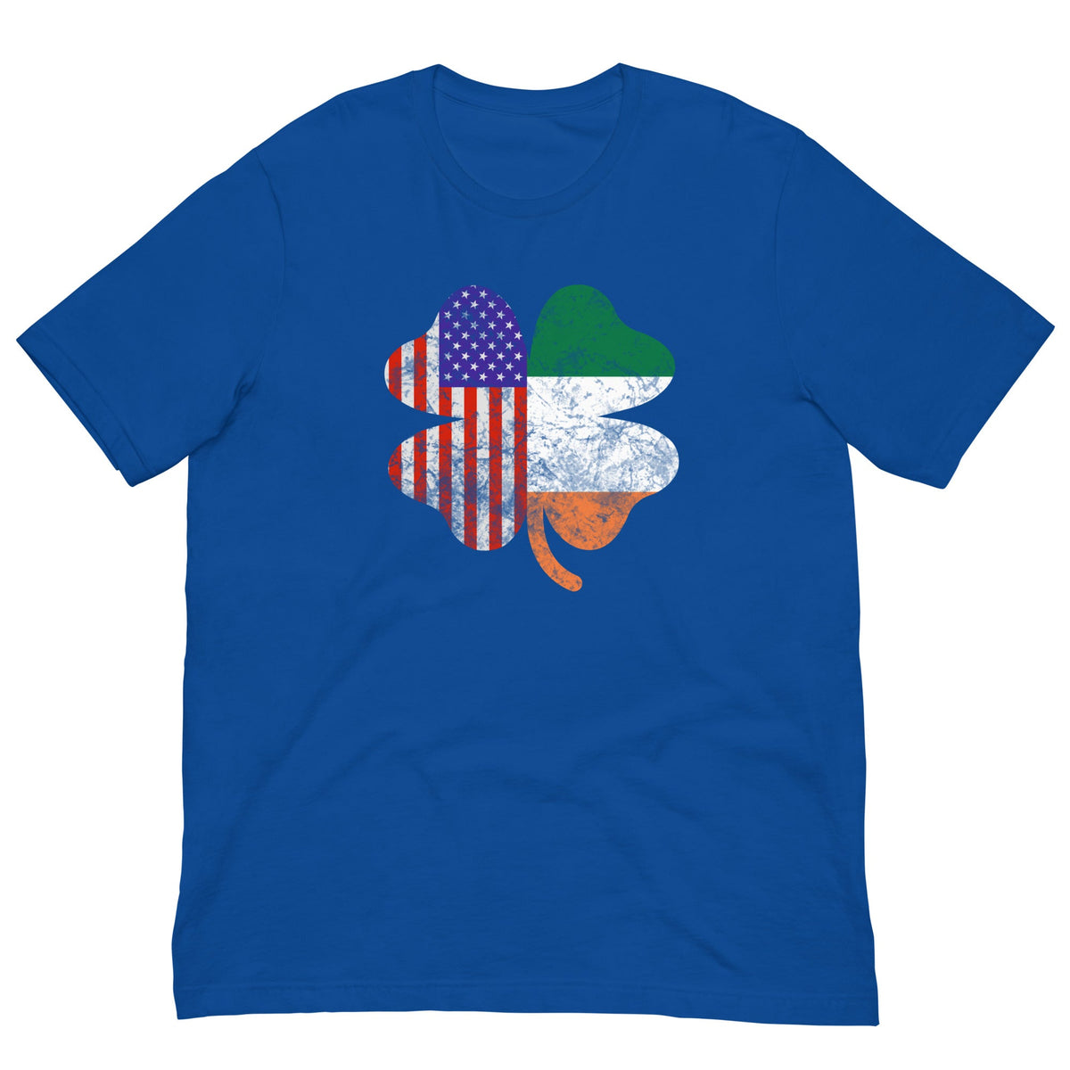 True royal blue T-shirt with Irish-American clover graphic in US flag colors