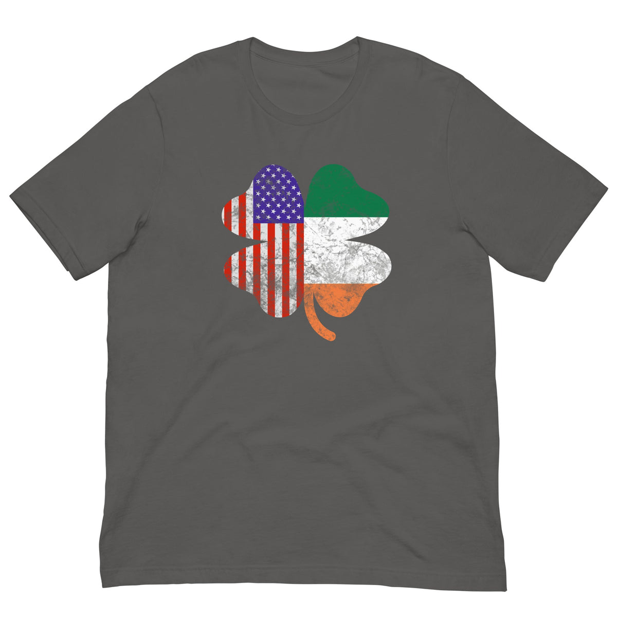 Asphalt gray T-shirt with Irish-American clover graphic in US flag colors