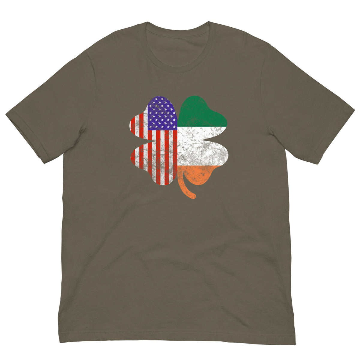 Army khaki T-shirt with Irish-American clover graphic in US flag colors
