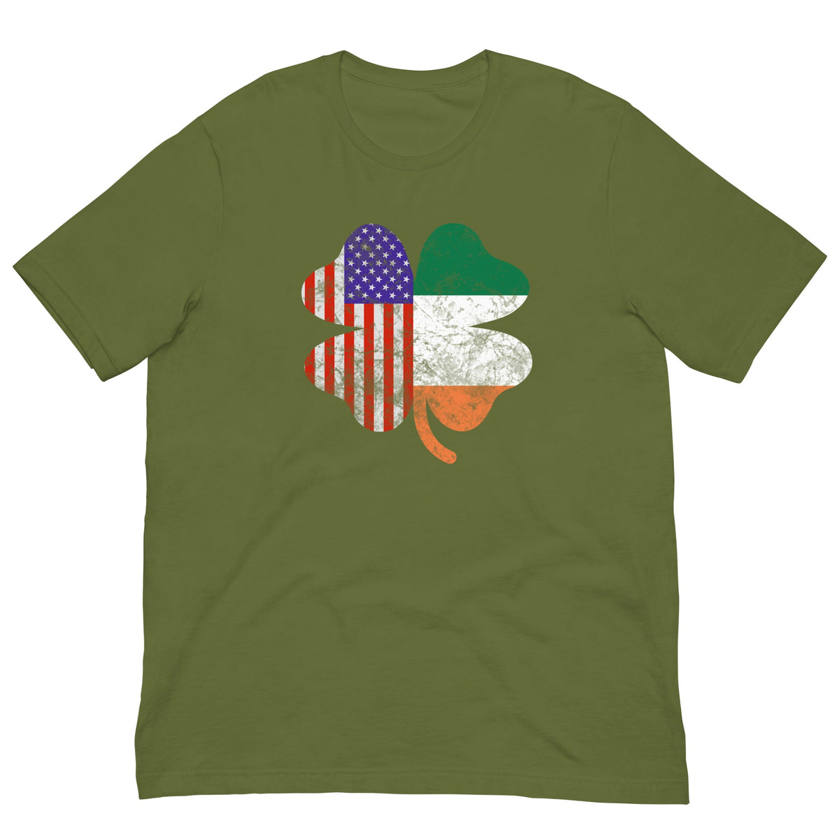 Olive green T-shirt with Irish-American clover graphic in US flag colors