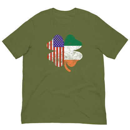 Olive green T-shirt with Irish-American clover graphic in US flag colors