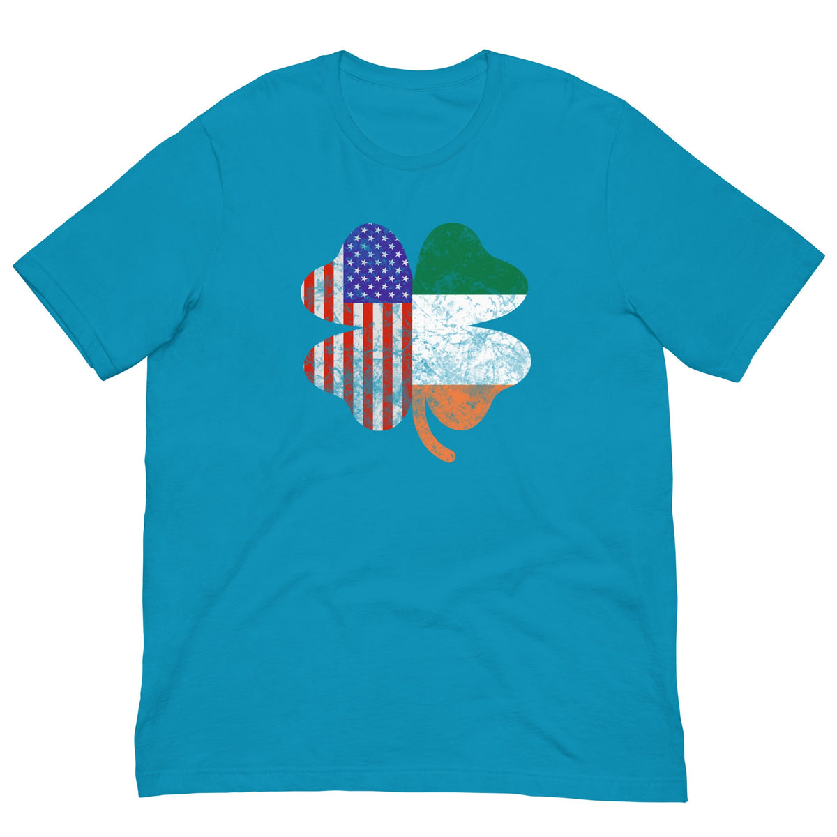 Aqua blue T-shirt with Irish-American clover graphic in US flag colors