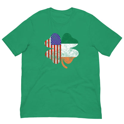 Kelly green T-shirt with Irish-American clover graphic in US flag colors
