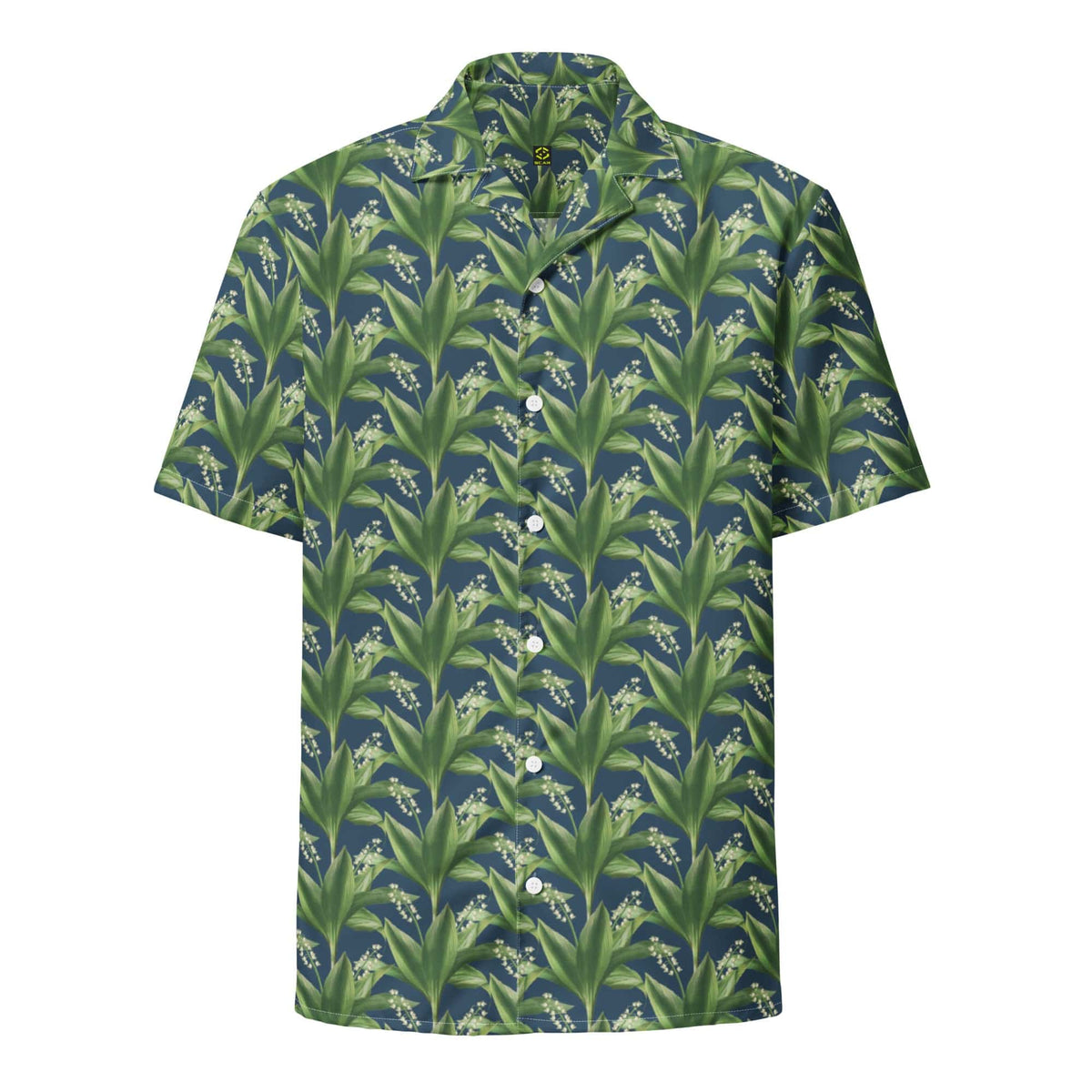 Men's short-sleeve button-up shirt with green leafy print and camp collar.