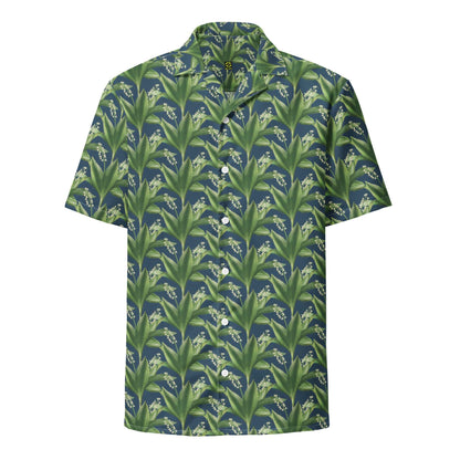 Men's short-sleeve button-up shirt with green leafy print and camp collar.