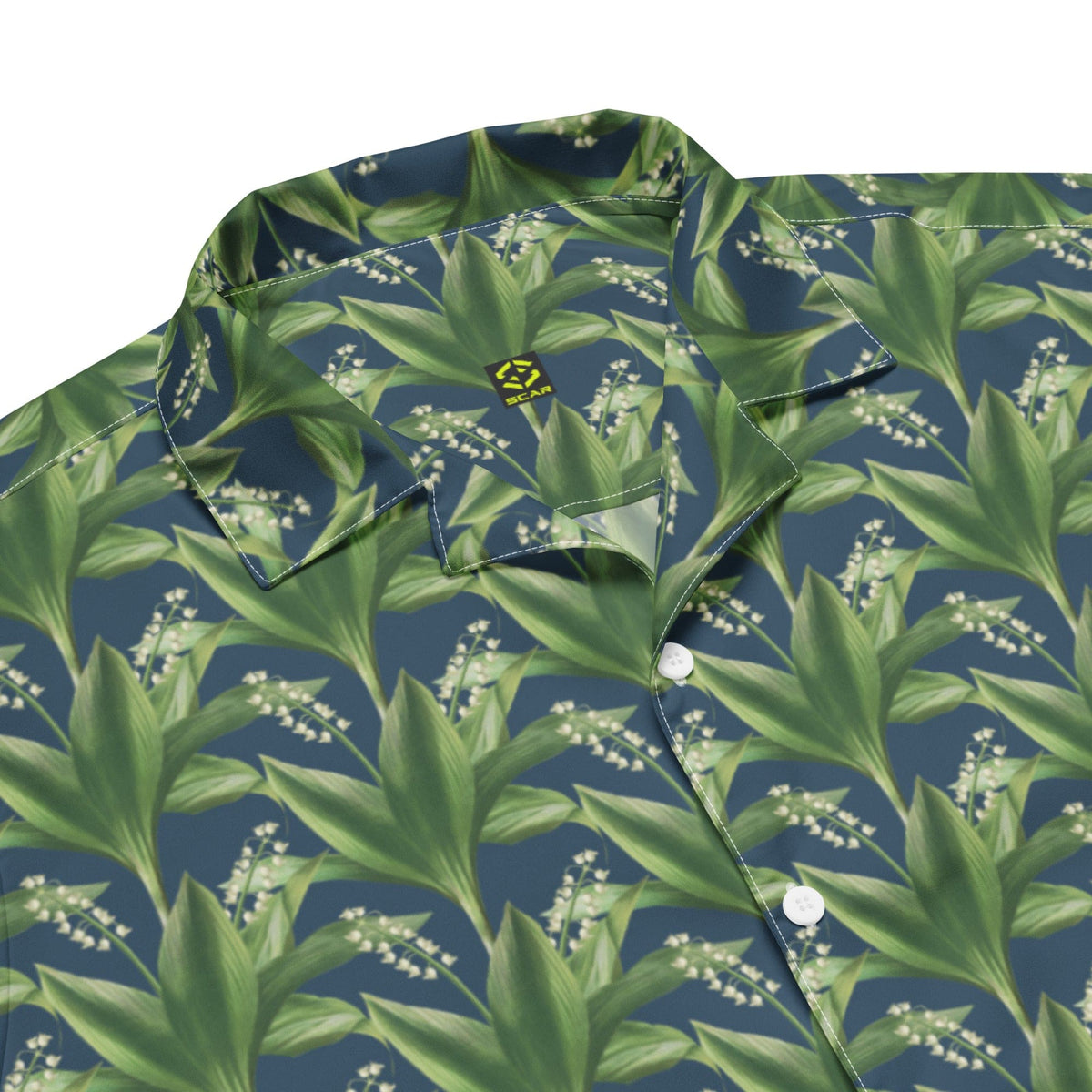 Green and blue leafy print short-sleeve shirt with button front and collar.