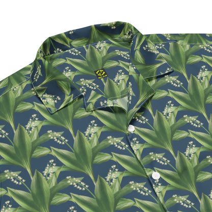 Green and blue leafy print short-sleeve shirt with button front and collar.